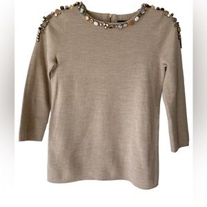 J Crew Tan Jeweled Crew Neck Merino Wool Blend Sweater Size XXS